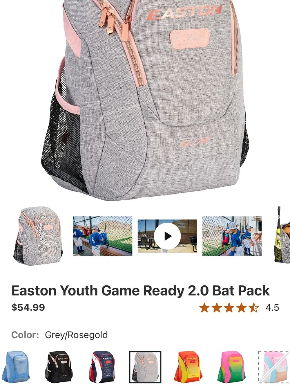 Easton Gray and Pink Kids Backpack Softball
